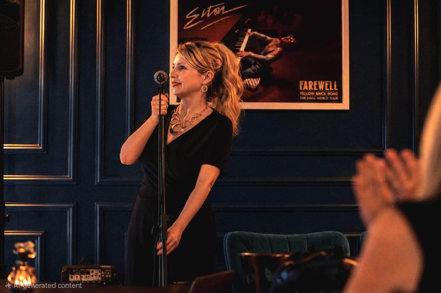 A singer at the microphone in front of the navy panelled wall at Black Ivory