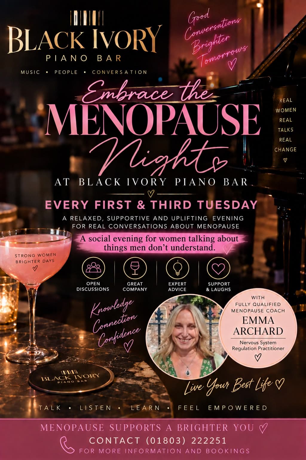 Embrace the Menopause Night poster: every first and third Tuesday at Black Ivory Piano Bar, with menopause coach Emma Archard